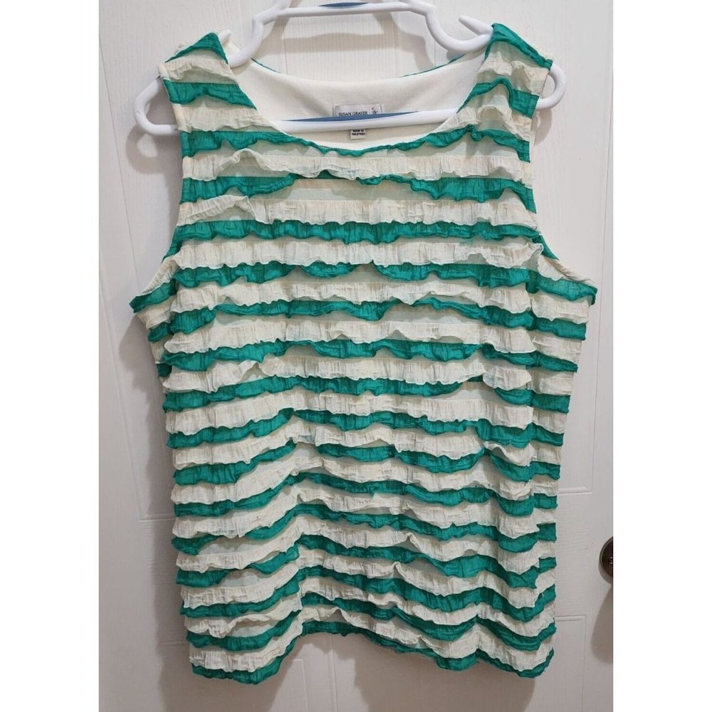 Susan Graver Women's Sleeveless Layered Ruffle Knit Tank Top Green/White Plus 1X